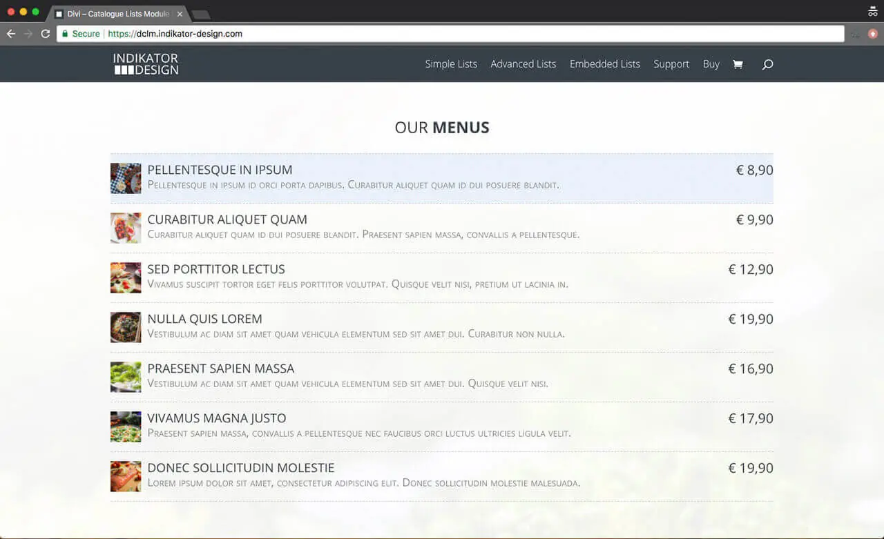 An example of a menu with the Divi Catalogue Lists Module.