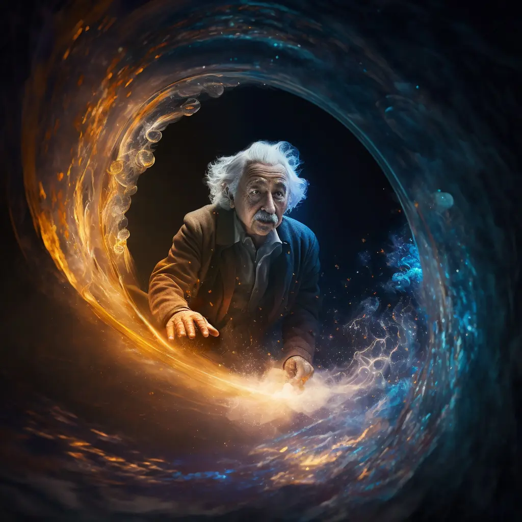 KI ChatGPT: Albert Einstein, wie er auf einem blauen Lichtstrahl in Richtung eines schwarzen Lochs gleitet - Indikator Design