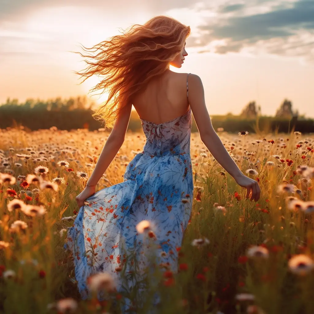 KI ChatGPT - Bild einer schönen jungen Frau mit rötlichen Haaren auf einer Blumenwiese - Indikator Design