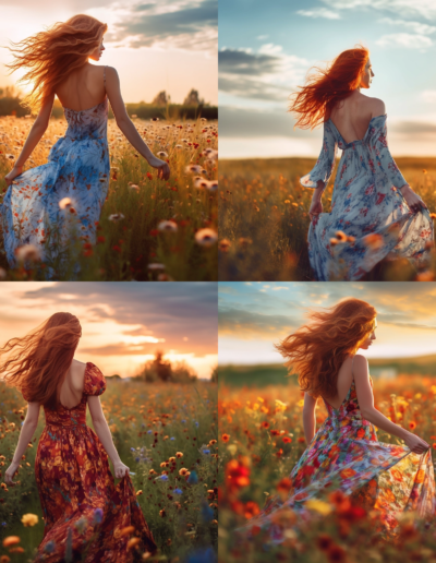 KI ChatGPT - Bild einer schönen jungen Frau mit roten Haaren auf einer Blumenwiese - Indikator Design