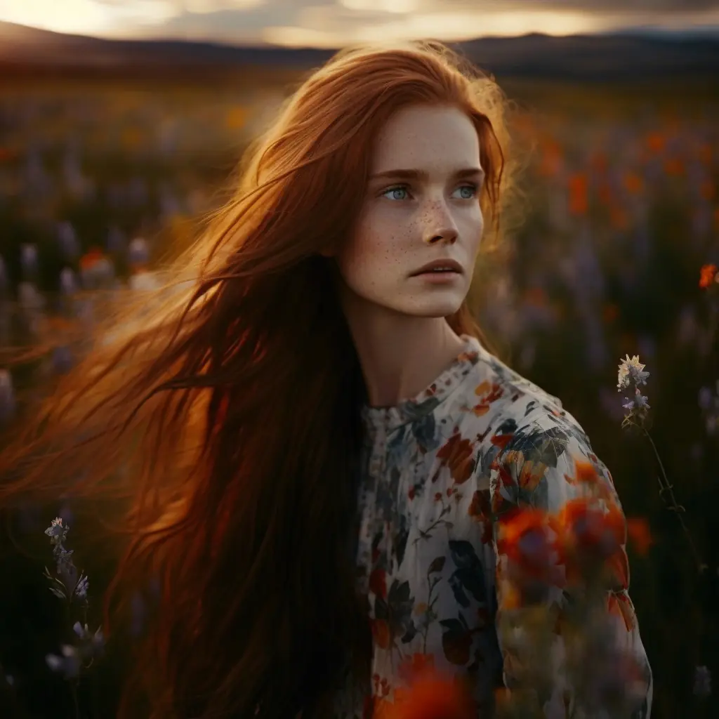 KI ChatGPT - Bild einer schönen jungen Frau mit roten Haaren auf einer Blumenwiese - Indikator Design